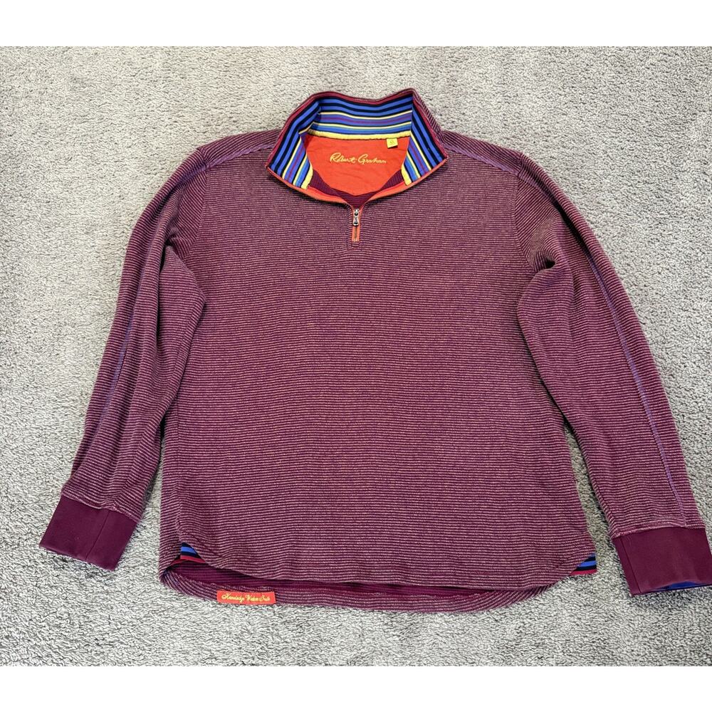 Robert Graham Quarter Zip Sweater Sweatshirt Burgundy With Flip Cuff Size XL